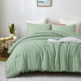 Boho Comforter Set, Boho Bedding set with Pom Poms Fringe Design, 1 Aesthetic Comforter and 2 Pillowshams (Color: Sage Green)